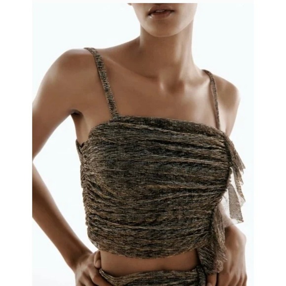 Zara Tops - Zara Crop Top‎ Womens Medium Gold Metallic Ruched Drape Party Shimmer